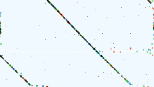 Colorful diagonal lines of overlapping dots move across a light blue background.
