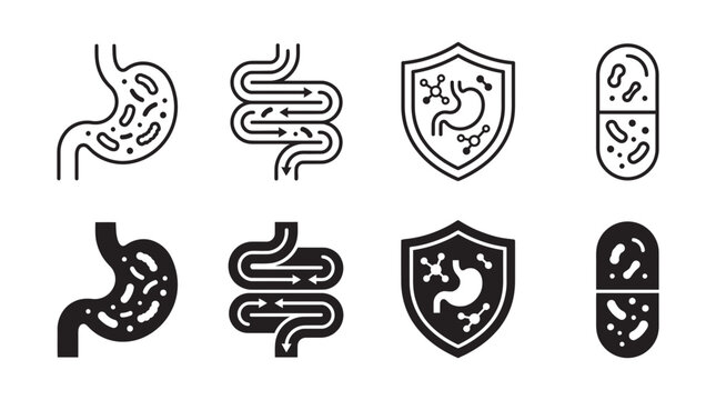 Human digestion and microbiome health icons including stomach intestines shield and probiotic capsules with intestine