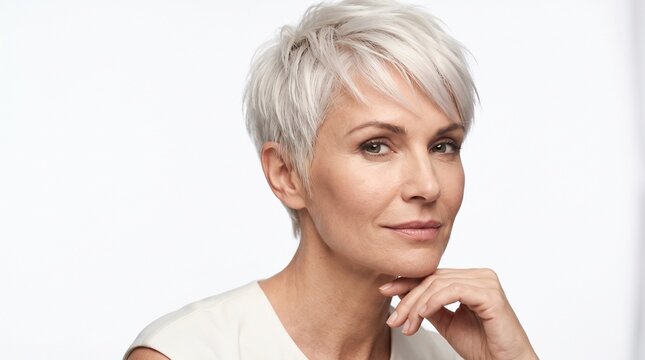 Platinum pixie haircut portrait, short textured hairstyle, beautiful adult model with hand near jaw, modern horizontal salon banner