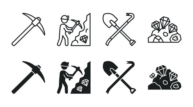 Mining tools and resource icons collection worker digging for gems and crystals diamonds crystals industry resource