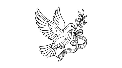 Fototapeta premium Flying dove with olive branch and decorative ribbon line art