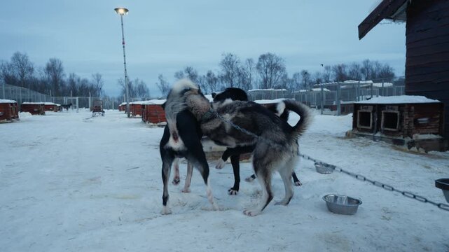 Playful sled dogs rearing in snowy kennel yard during Arctic winter at Norway dog camp