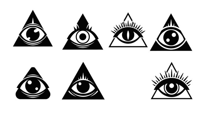 Set of all-seeing eye symbols inside triangles for occult and esoteric design