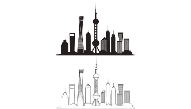 Shanghai skyline silhouette icons set in black and white line art