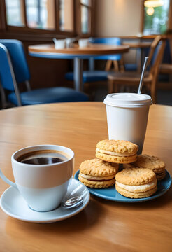 Hot coffee cup and takeaway drink with cookies on a wooden table in a cafe setting, a stack of sandwich cookies with cream and jam fillings rests on a blue plate next to the drinks