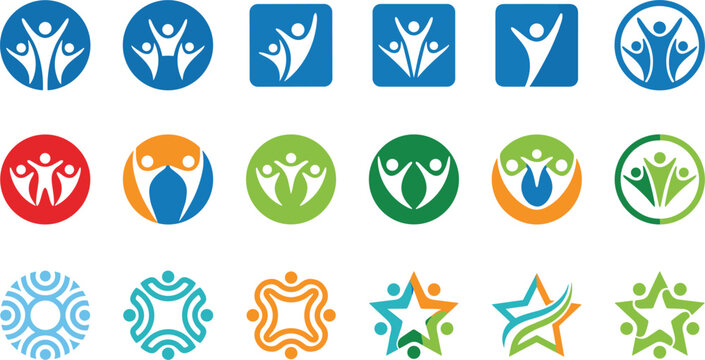 Community and family health logos collection featuring colorful abstract human figures team unity icons bundle vector