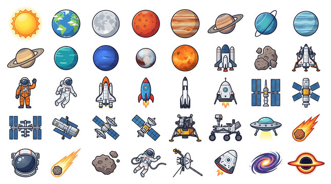 Colorful flat design icons of planets, space, and astronomy elements.