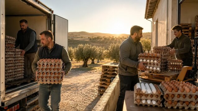 Farm Workers Loading Fresh Egg Trays Into Delivery Truck At Sunrise