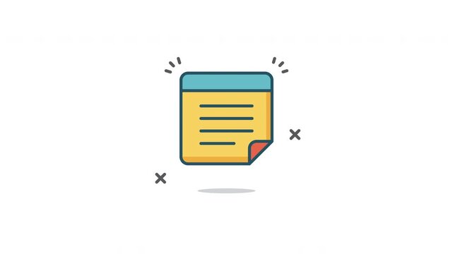 Looping Sticky Note Icon Animation. Minimalist flat design of reminder note with folded corner and text lines, isolated on white background