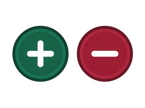 Green plus and red minus round symbols with positive negative addition subtraction interface as PNG cutout