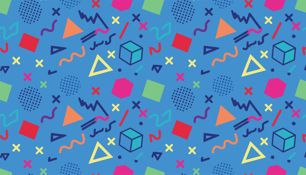 Retro geometric seamless pattern in nineties Memphis style with colorful shapes, scribbles, cubes, and triangles on blue background.