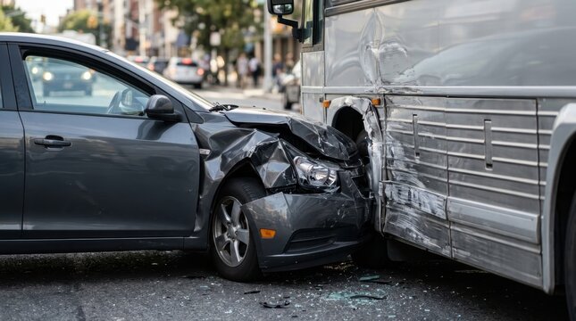 Car accident collision with passenger vehicle smashed into side of large bus on city street traffic