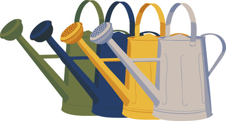 stacked colorful metal watering cans isolated on a transparent background. Perfect for gardening, horticulture, agriculture, landscaping, and botanical-themed design projects. © RN Art