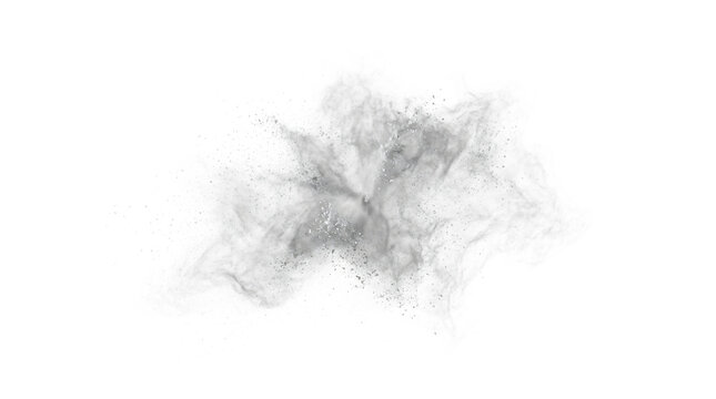 Atmospheric grey smoke puff isolated on white background, swirling dust cloud explosion, ethereal mist and vapor texture for overlay design