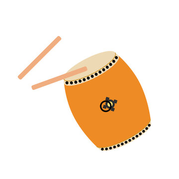 フラットデザイン 和太鼓とバチの枠線なしイラスト | 音楽イベントや和風デザインの素材