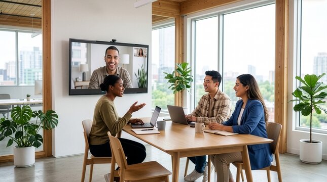 Hybrid Team Meeting in Modern Office: A diverse team collaborates in a bright, modern office space, participating in a video conference with a remote colleague, fostering connection and productivity.