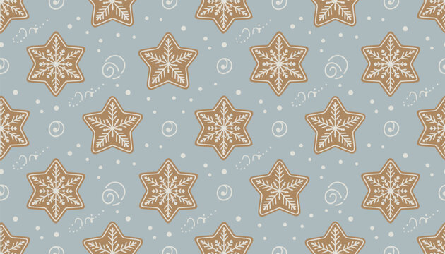 Holiday seamless pattern of iced gingerbread star cookies with white snowflake decorations on a soft blue background.