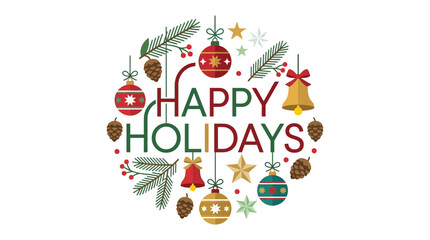 Naklejka premium Happy Holidays greeting card with festive ornaments and pine branches