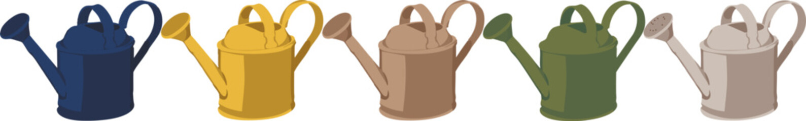 multiple colorful watering cans in different colors isolated on a transparent background. Ideal for gardening, landscaping, botanical, and home garden design projects. © RN Art