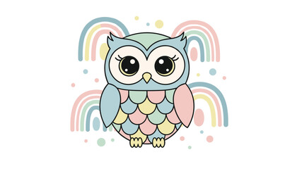 Naklejka premium Whimsical illustration of a cute cartoon owl with pastel colored feathers standing in front of two soft rainbows.