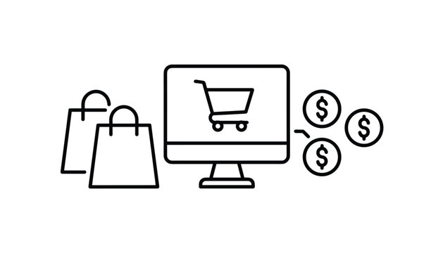 Outline icon set showing online shopping concept with a computer screen, shopping cart, paper bags, and dollar coins.