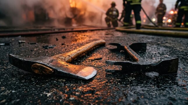 Firefighter tools axe and halligan bar on wet asphalt ground during emergency response operation