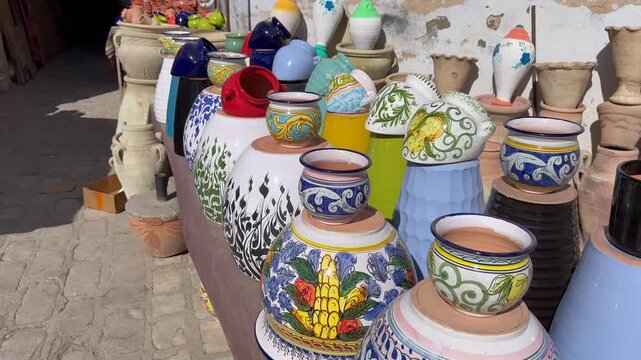 Rows of bright, hand-painted ceramic vases and pots line an outdoor stall in the sun, with traditional Tunisian patterns and shapes filling the frame.