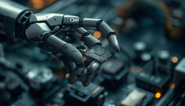 Metallic robotic hand gently holding a fragile electronic component representing precision engineering and artificial intelligence