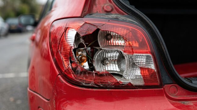 Broken red car taillight shattered after a vehicle accident parked on street close up view