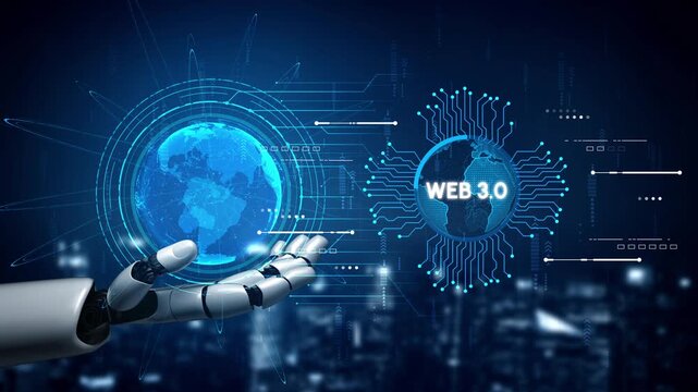 Futuristic Concept of Artificial Intelligence with Hand Holding Earth and Displaying Web 3.0 and Digital Elements on a Dark Background. Entropy.