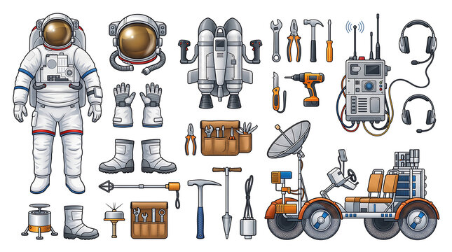 Collection of space exploration tools and astronaut gear illustration.
