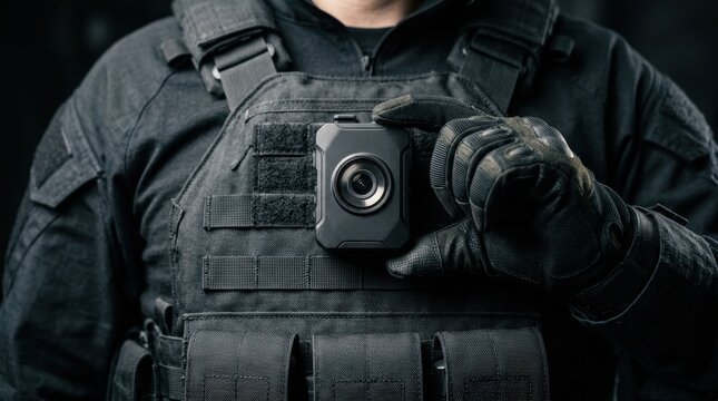 Police officer wearing a tactical vest and body camera mounted on the chest in a secure setting