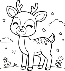 Obraz premium Cute cartoon deer with antlers standing in a meadow, coloring page for kids