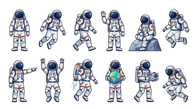 Collection of cartoon astronauts in various poses and activities.