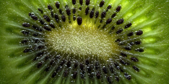 Macro shot of a vibrant green kiwi fruit slice revealing dark seeds and juicy texture