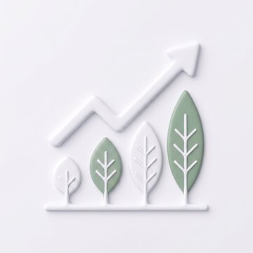 3D soft neumorphism leaf bar chart with upward arrow, sustainable business growth and environmental progress concept isolated on white