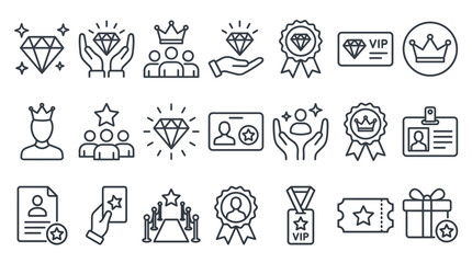 Fototapeta premium Loyalty and reward line icon set. Gift, VIP badge, trophy, loyalty card, redeem point minimal vector illustrations. Simple outline signs for bonus programs. 48x48 Pixel Perfect. Editable Stroke