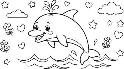 Obraz premium Cute cartoon dolphin jumping out of the water with flowers, hearts, stars, and clouds