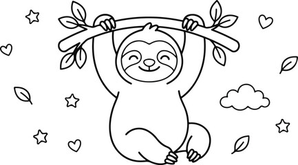 Obraz premium Cute cartoon sloth hanging on a tree branch with leaves, clouds, hearts, and stars