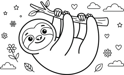 Fototapeta premium Cute cartoon sloth hanging on a tree branch with clouds, flowers, hearts, and stars