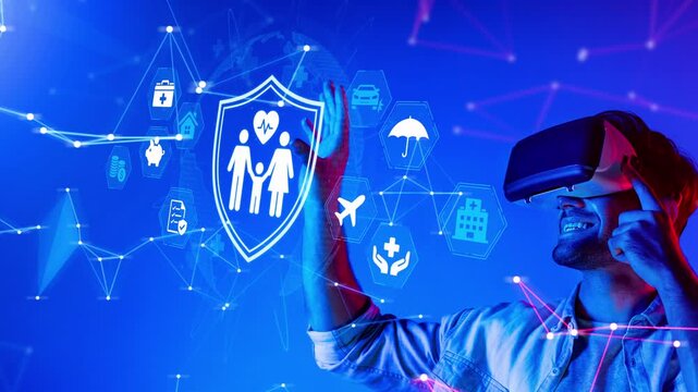 Person Using Virtual Reality Headset with Health Insurance Icons in Futuristic Digital Space Background. Entropy.
