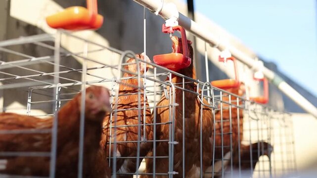 Brown Laying Hens Inside Commercial Poultry Farm Cages, drink from water system
