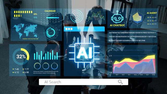 High-Tech Meeting Room with AI Technology and Business Analytics Visuals Displayed on Screens for Modern Corporate Collaboration. Entropy.