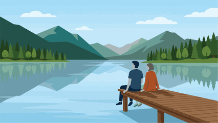 Naklejka premium Couple sits on a wooden pier extending into a calm lake surrounded by lush green mountains.
