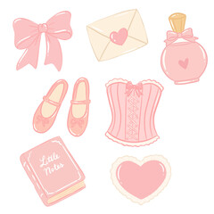 Cute pink coquette aesthetic set with ribbon bow, love letter, perfume bottle, ballet flats, corset, notebook and heart pillow clipart isolated on black background © Ngoc