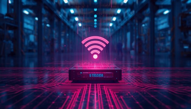 Industrial IoT gateway device transmitting wireless signals in a modern factory setting with neon holographic waves