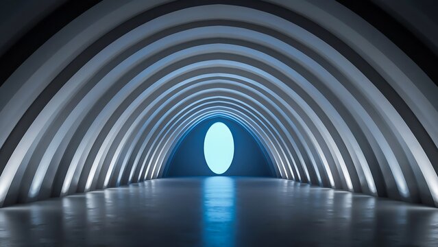 Futuristic arched tunnel with blue glowing light at end, modern architecture, symmetrical interior perspective, dramatic lighting, science fiction concept.