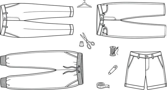 Fashion design apparel line icons vector set featuring denim jeans sweatpants shorts scissors hanger and tailoring tools