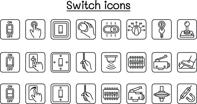 Electrical switch icon set vector illustration featuring clean black line art button control and toggle symbols in square borders