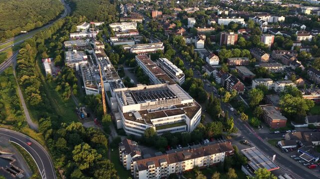 Aerial view of a large scale data center in Dusseldorf, Germany, showing cloud computing, cloud storage, secure servers and digital infrastructure.